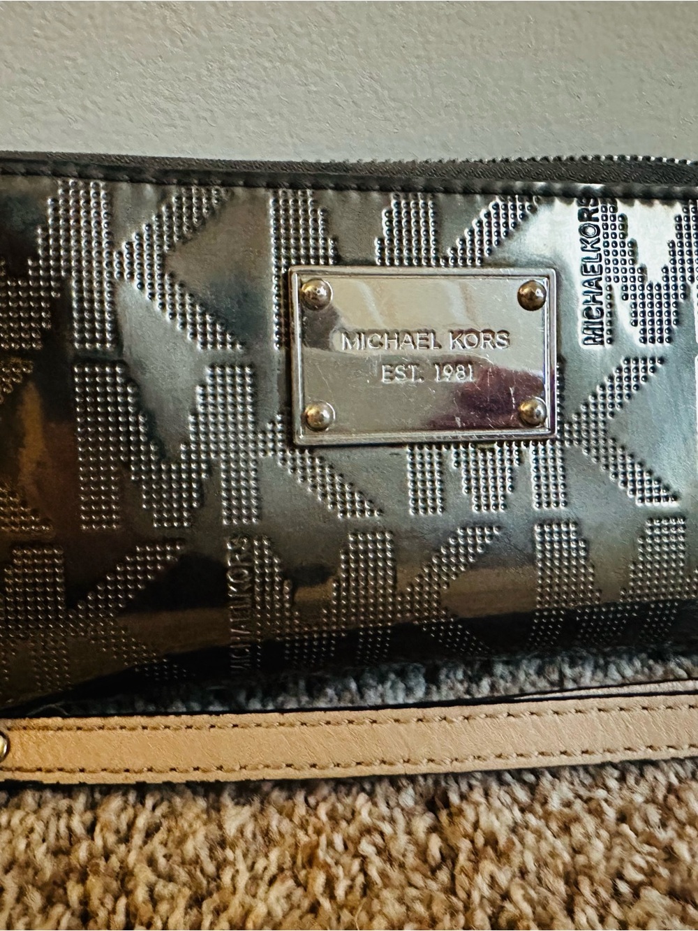 Michael Kors Black Patent Logo Wallet with Silver Plaque